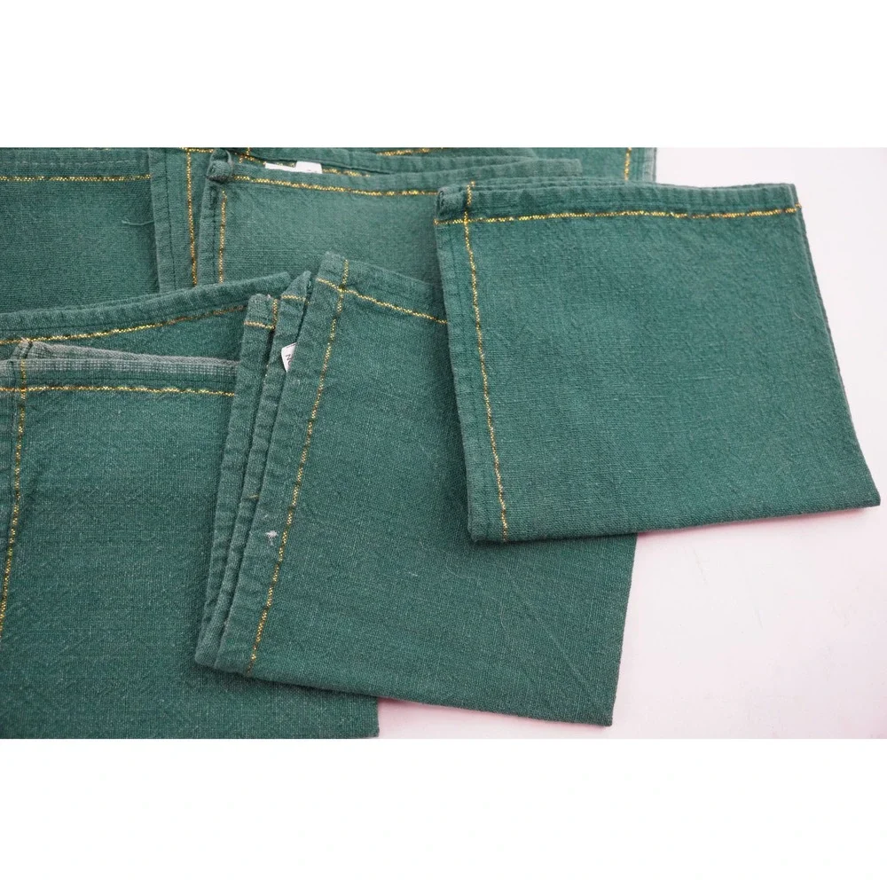 Set of 14 Vintage Christmas Green Cloth Napkins Gold Stitching Cotton - Picture 3 of 5